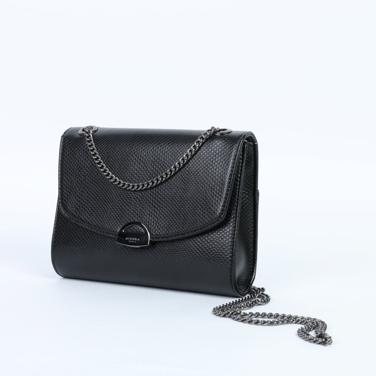 Sac bandoulière vegan noir effet lézard avec chaîne en laiton, Mini Paname Ashoka Paris