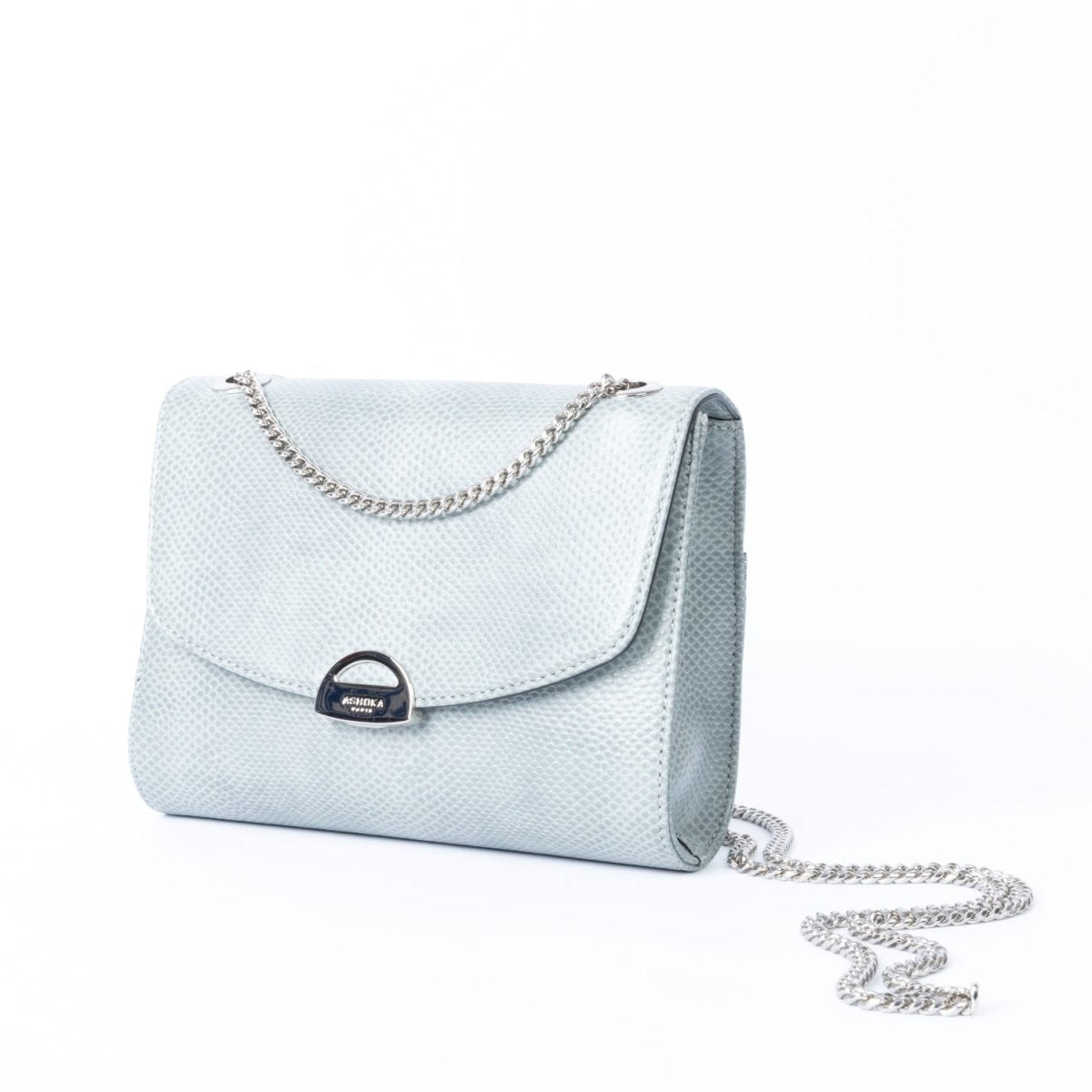 Mini Paname Lézard Bleu-Gris – sac à main vegan avec chaîne en laiton finition nickel