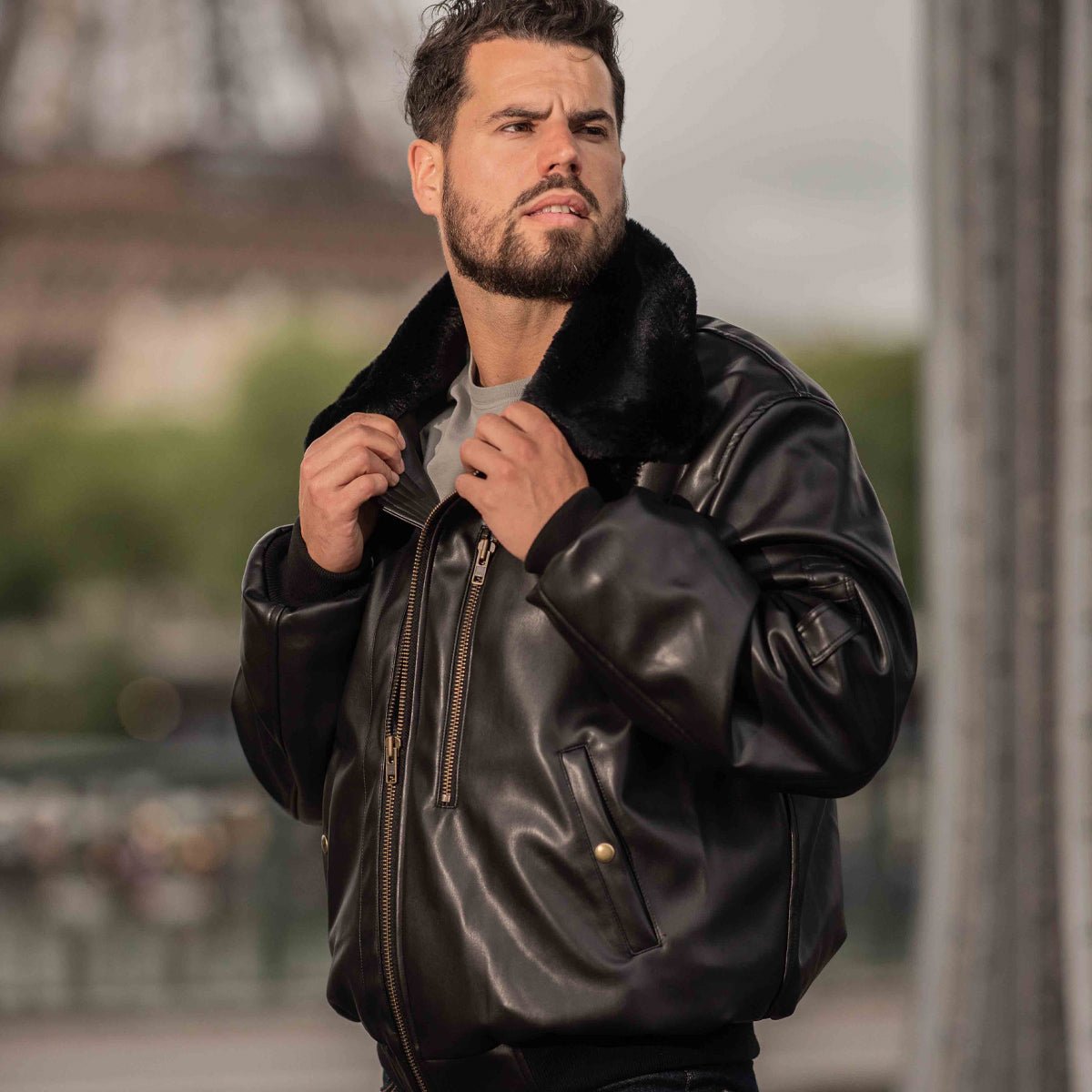 Black Leather Pilot Jacket With Fur Roland Men's Vegan Leather