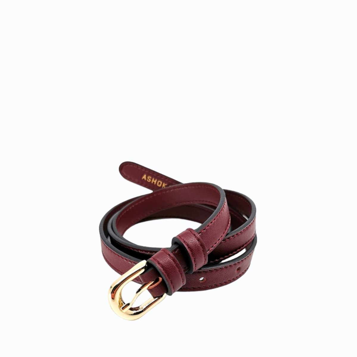 Ceinture vegan pour femme bordeaux et boucle laiton dorée, Haute maroquinerie écoresponsable et végane