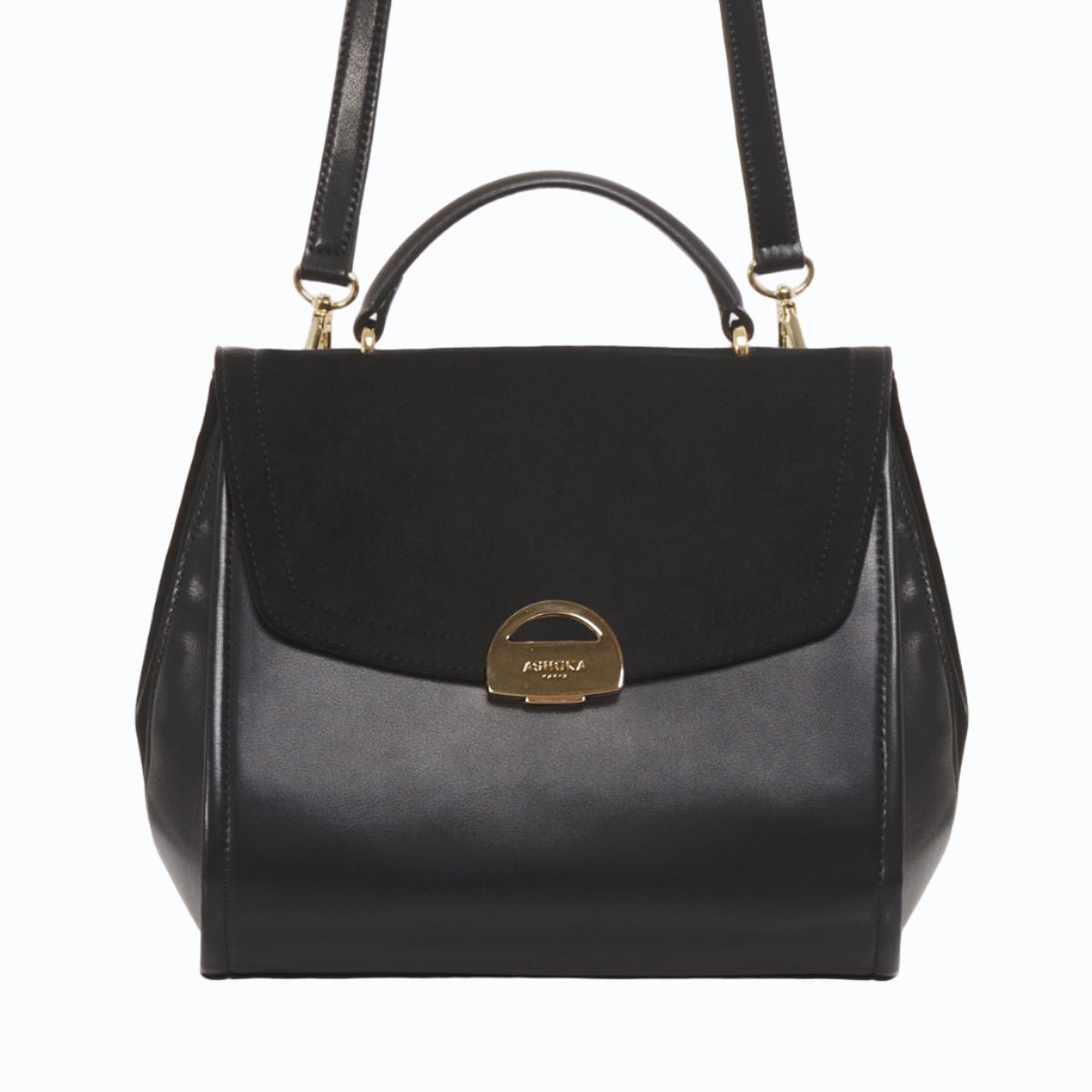 Sac à main similicuir vegan Paname Oxymore Apple Skin noir fermoir doré, sans cuir, éthique, écoresponsable, écologique, recyclé et sans cruauté.