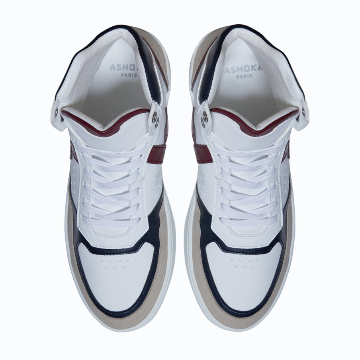 Sneakers vegan Matéo Montante Bordeaux & Marine – vue du dessus avec laçage ergonomique