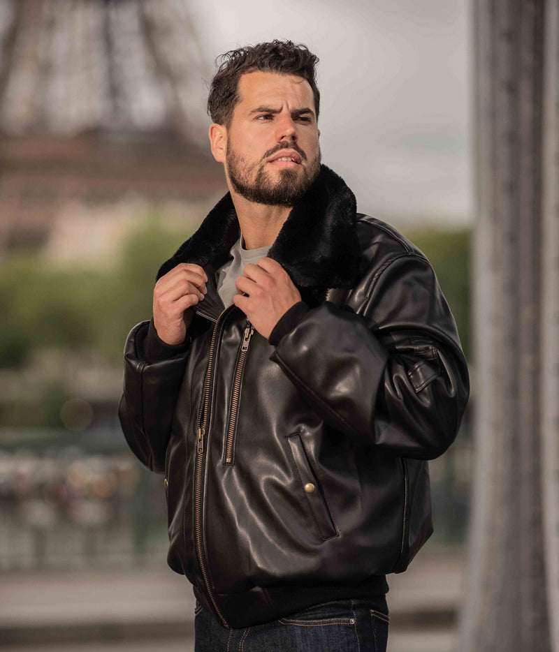 Blouson aviateur noir, vegan pour homme, Roland, sans cuir, intérieur doublé de fourrure synthétique made in France, fabriqué à Paris, matière italienne, écoresponsable, éthique, écologique, Peta approved et Animal free.