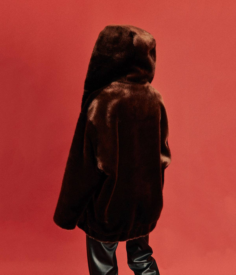 Short hooded coat in chocolate vegan fur Tabatha Made in France Ethical and eco responsible Ashoka Paris
