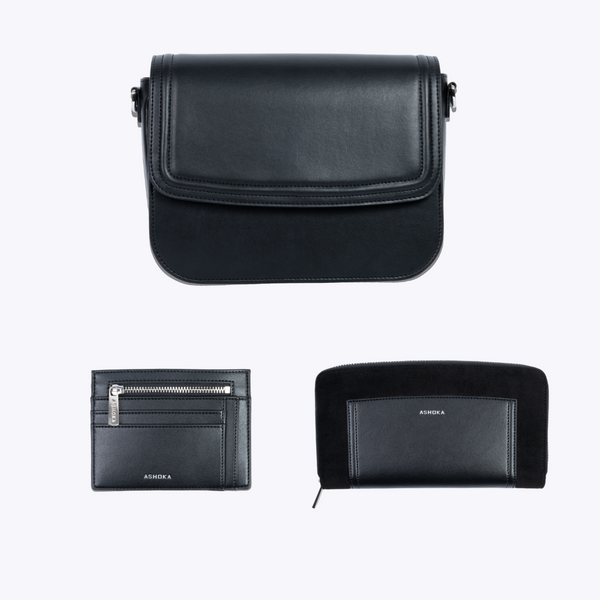 Ensemble de sacs vegan et accessoires vegan noirs : Brigitte Couture, Petit Porte-Carte et Compagnon Oxymore