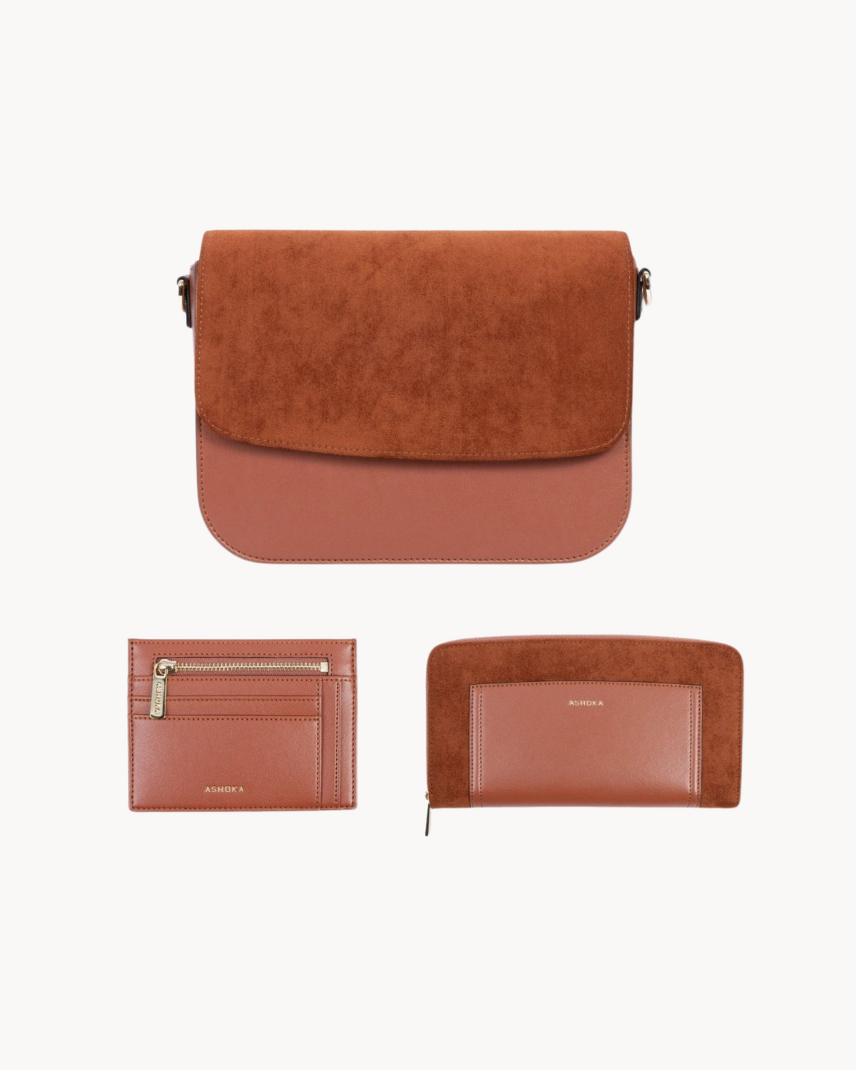 Ensemble de maroquinerie vegane coloris Camel : Brigitte Oxymore, Petit Porte-Cartes et Compagnon Oxymore