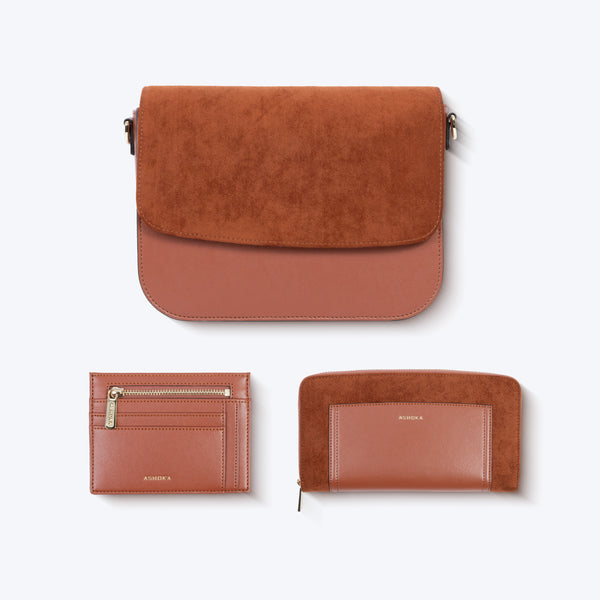 Ensemble de maroquinerie vegane coloris Camel : Brigitte Oxymore, Petit Porte-Cartes et Compagnon Oxymore