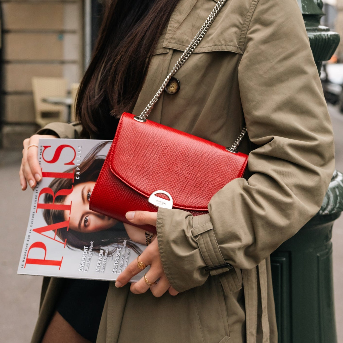 Mini Paname Ashoka Paris Rouge Lézard, sac à main vegan luxueux et responsable pour femme