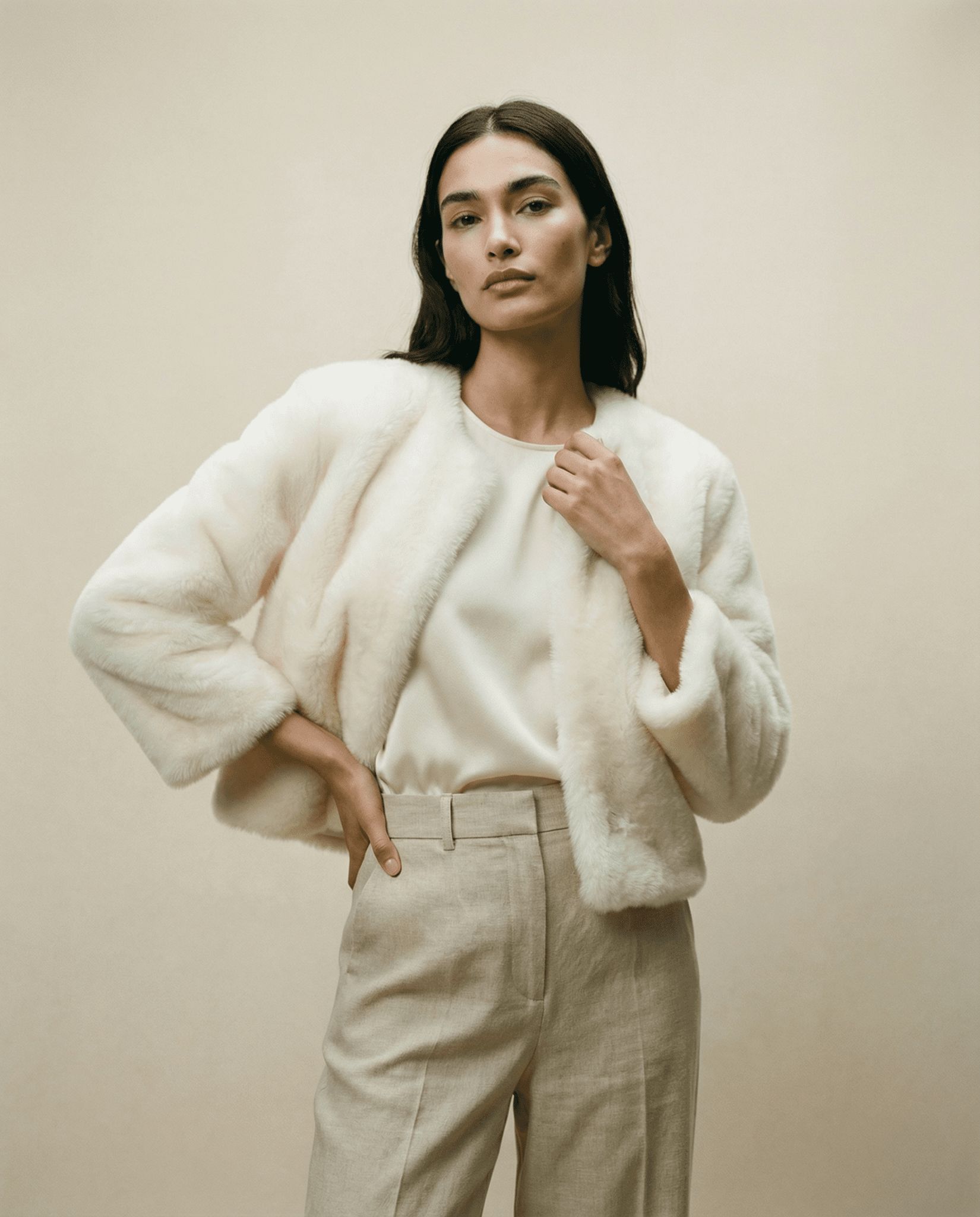 Veste courte Sophie blanche en fourrure vegan portée avec pantalon clair, allure parisienne contemporaine