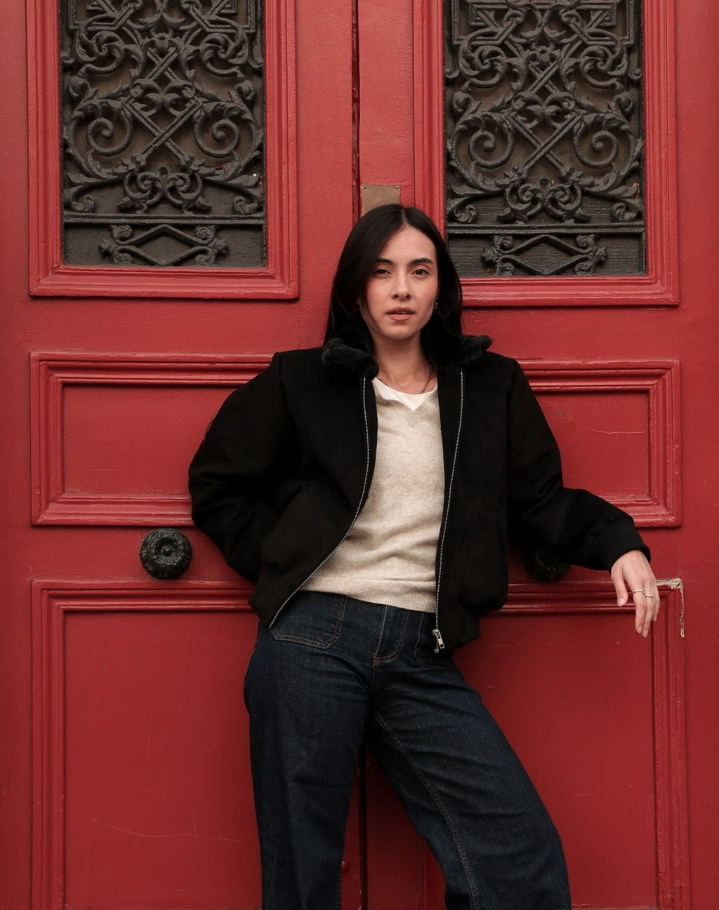 Blouson Femme Vickie Noir Suédine Doublée de Fourrure Vegan - Ashoka Paris