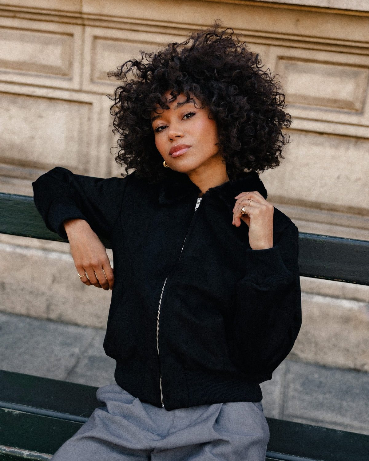 Vickie Black Women's Jacket in Recycled Microsuede, Vegan Fur Lined
