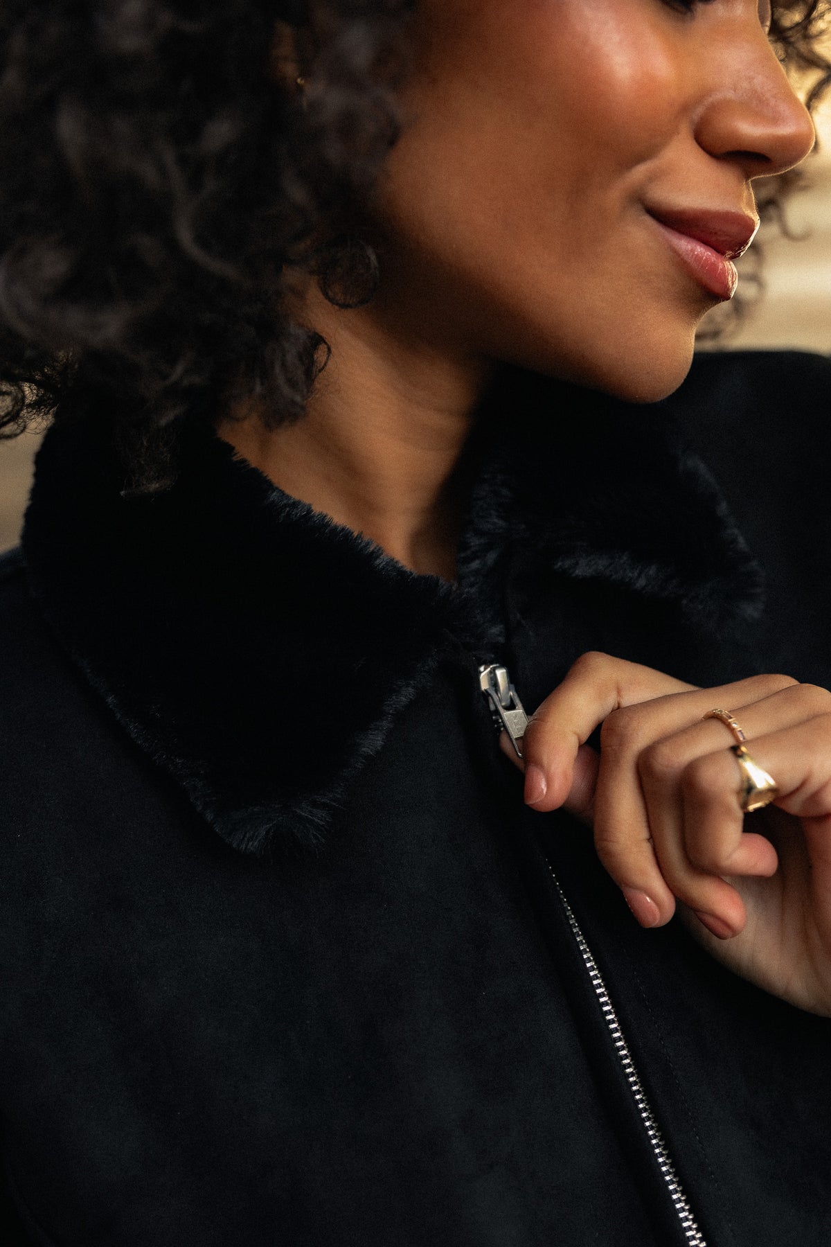 Vickie Black Women's Jacket in Recycled Microsuede, Vegan Fur Lined