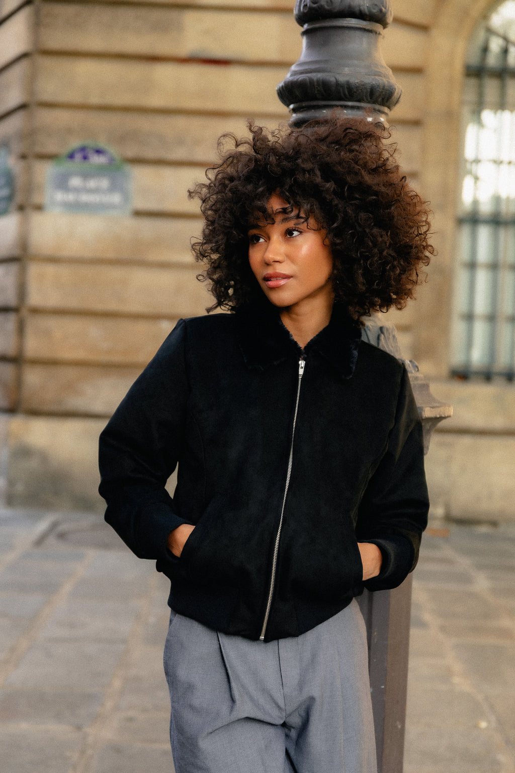 Vickie Black Women's Jacket in Recycled Microsuede, Vegan Fur Lined