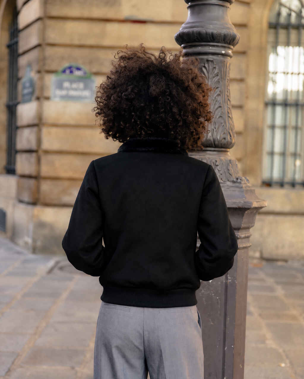 Vickie Black Women's Jacket in Recycled Microsuede, Vegan Fur Lined