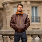 Blouson aviateur marron, vegan pour homme, Roland, sans cuir, intérieur doublé de fourrure synthétique made in France, fabriqué à Paris, matière italienne, écoresponsable, éthique, écologique, Peta approved et Animal free.