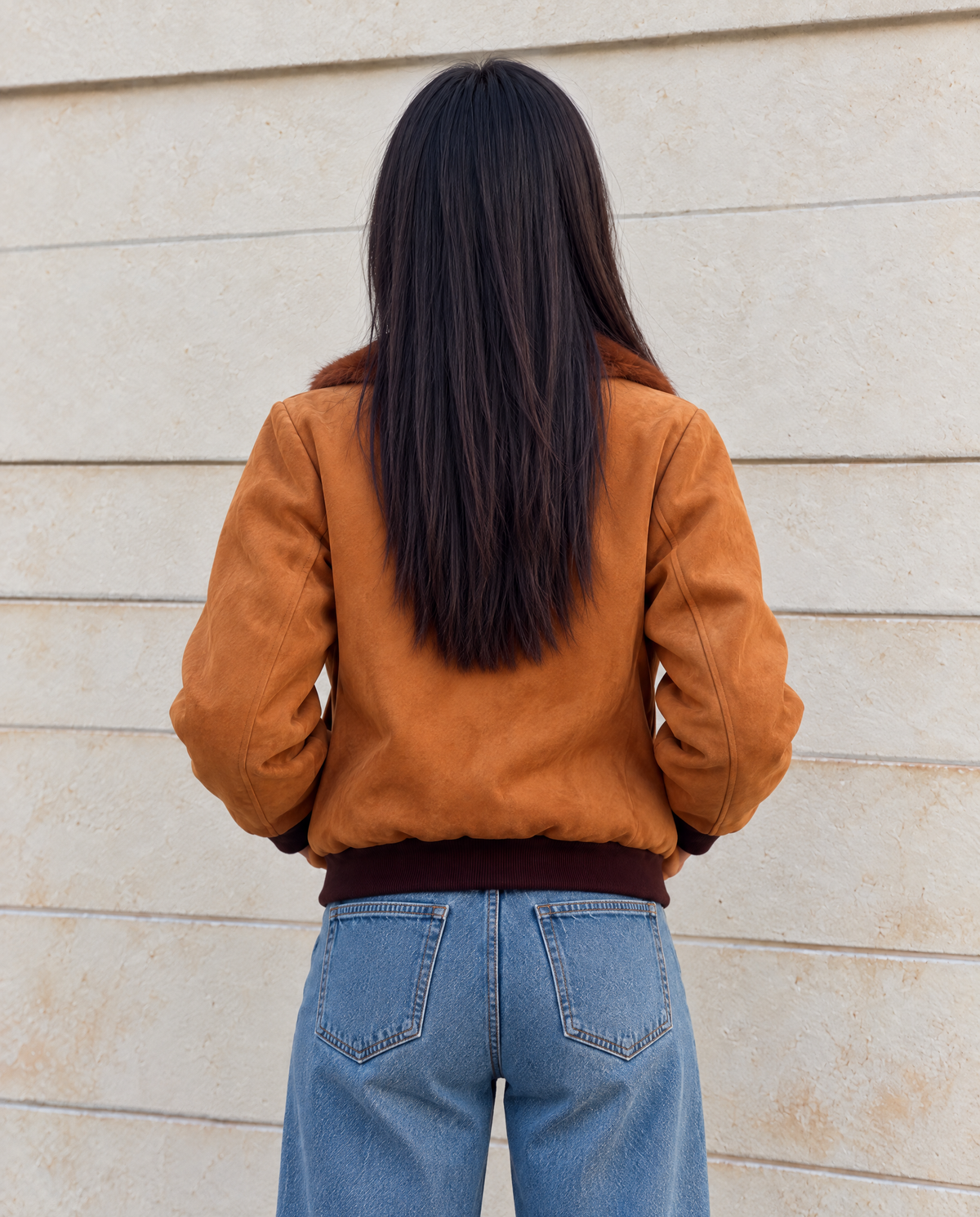 Vickie Camel Women's Jacket in Recycled Microsuede, Vegan Fur Lined
