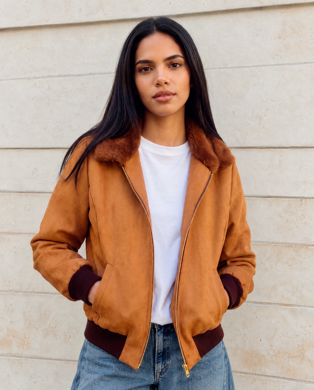 Vickie Camel Women's Jacket in Recycled Microsuede, Vegan Fur Lined
