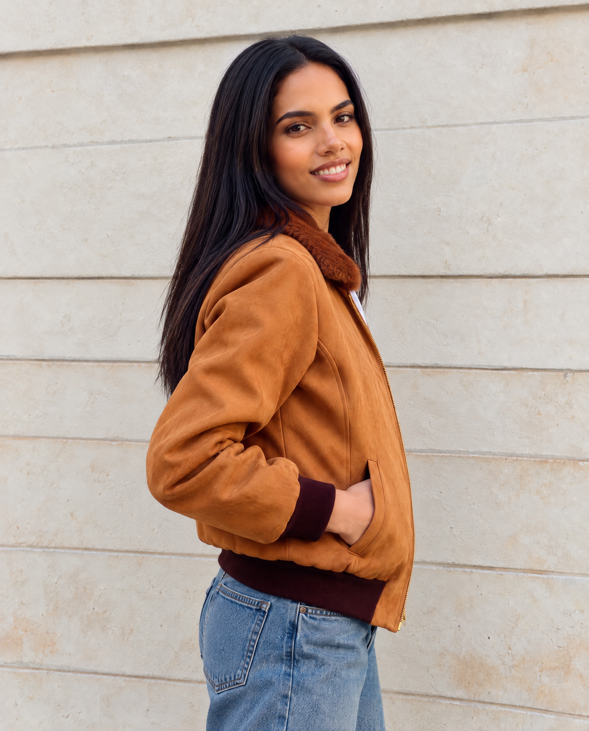 Vickie Camel Women's Jacket in Recycled Microsuede, Vegan Fur Lined