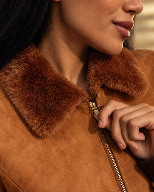 Vickie Camel Women's Jacket in Recycled Microsuede, Vegan Fur Lined