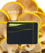  Grand porte-carte zippé Mylo™️ jaune en mycélium, structure souterraine des champignons - éthique, écoresponsable, écologique, durable et sans cruauté