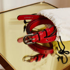 Ceinture femme vegan Apple Skin rouge et boucle laiton nickel vernis, Haute maroquinerie végane