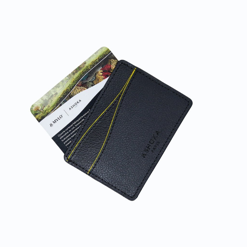 Porte-carte Mylo™️ jaune en mycélium, structure souterraine des champignons - éthique, écoresponsable, écologique, durable et sans cruauté