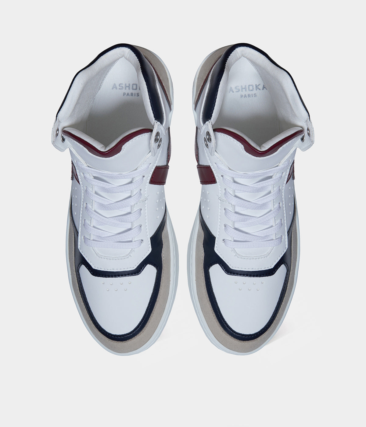 Sneakers vegan Matéo Montante Bordeaux & Marine – vue du dessus avec laçage ergonomique
