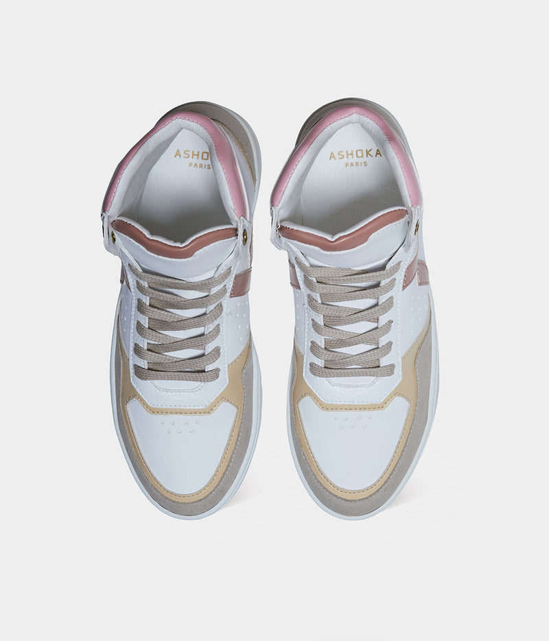 Sneakers vegan Matéo Montante Trio de Rose – vue du dessus avec laçage ergonomique