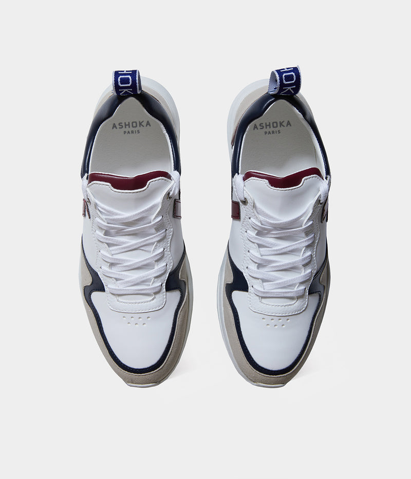 Sneakers vegan Lewis Bordeaux & Marine – vue du dessus avec laçage ergonomique