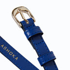 Ceinture vegan pour femme en Apple Skin bleu électrique et boucle laiton dorée, Haute maroquinerie écoresponsable et végane