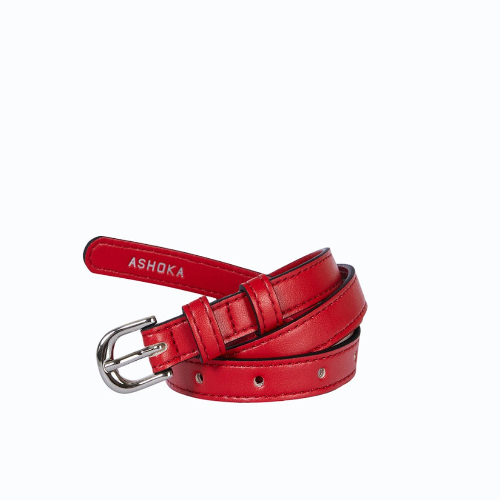 Ceinture femme vegan Apple Skin rouge et boucle laiton nickel vernis, Haute maroquinerie végane
